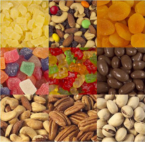 Collage of Candy, Nuts, & Dried Fruit